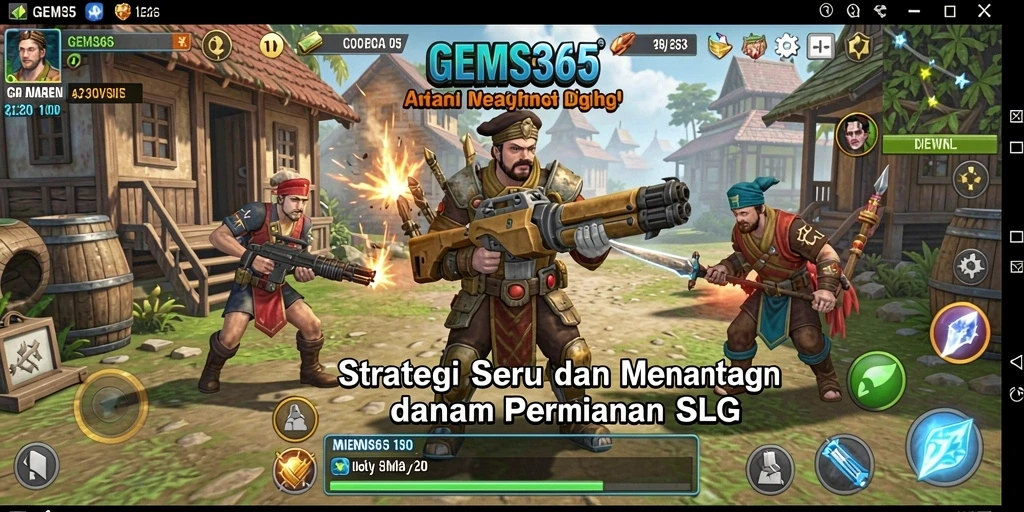 Screenshot dari gameplay <strong>GEMS365</strong> menunjukkan aksi pertempuran dan strategi SLG.