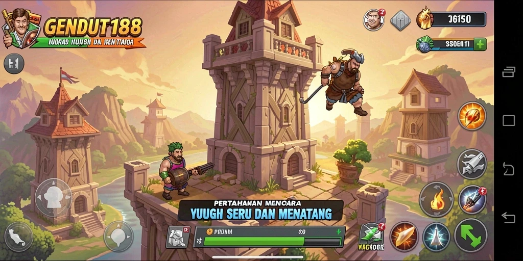 Screenshot utama GENDUT188 menunjukkan aksi menara pertahanan dalam menghadapi gelombang musuh.