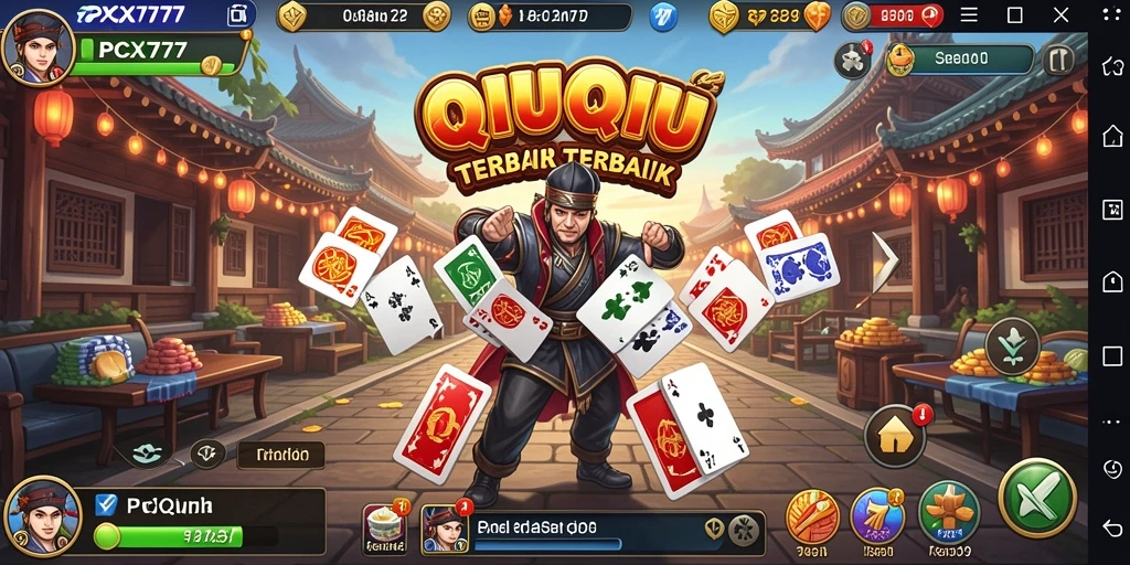 Tangkapan layar gameplay QiuQiu yang menampilkan suasana seru dan kartu-kartu yang menawan.